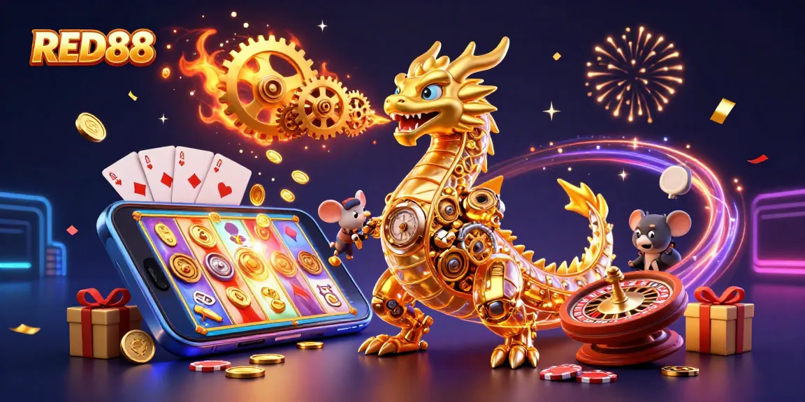 Breeze through golden gear flames with RED88's thrilling digital casino action, showcasing diverse game elements.