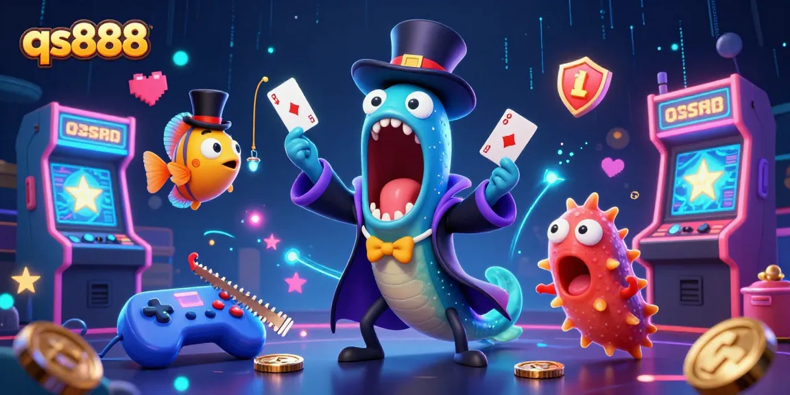qs888 showcases vibrant casino games in a fun deep-sea illustration featuring magical sea creatures