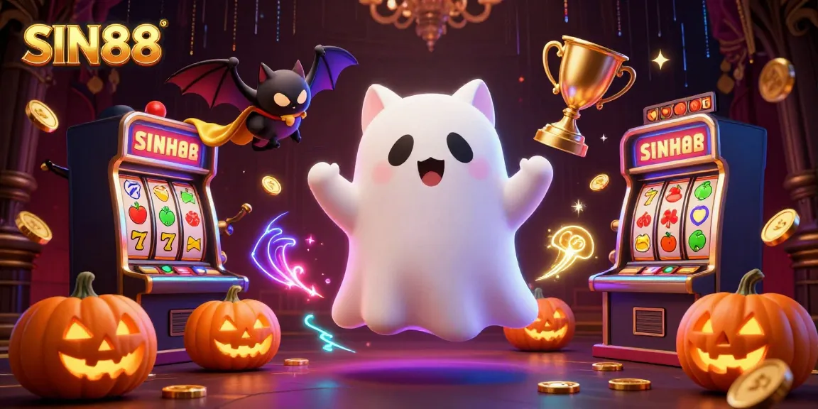 Experience thrilling wins at SIN88 with a lively ghost cat and vampire bat in a vibrant casino scene.