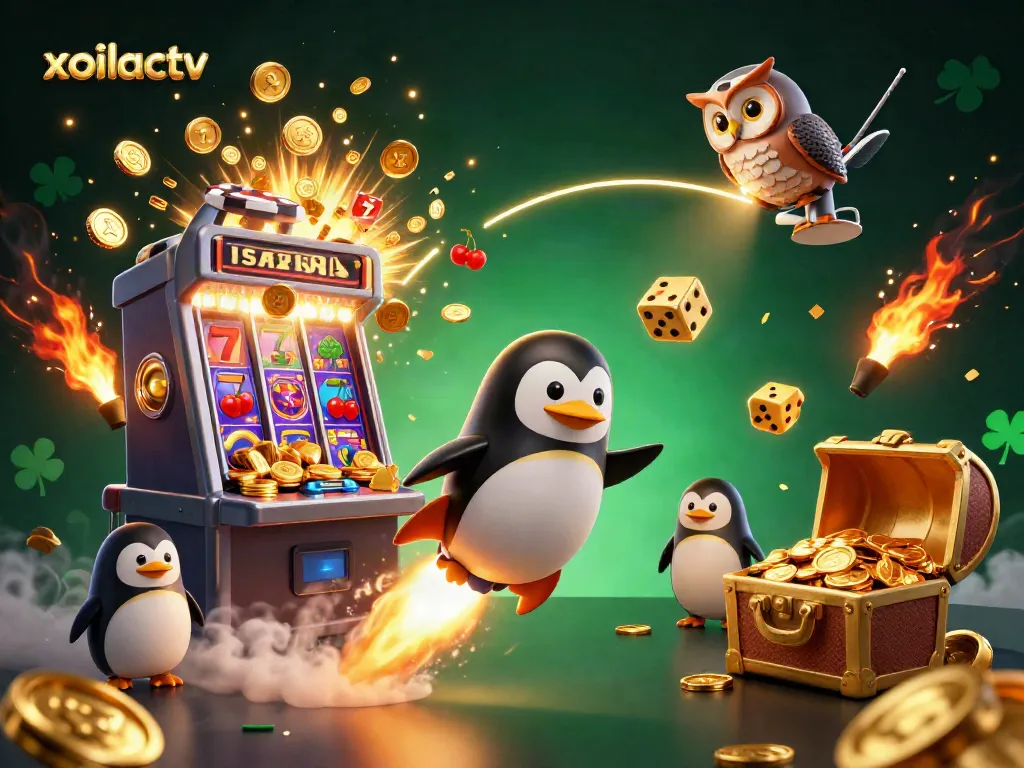 Experience the excitement of xoilactv with a golden penguin soaring towards a vibrant casino space!