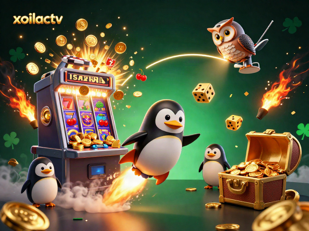 Experience the excitement of xoilactv with a golden penguin soaring towards a vibrant casino space!