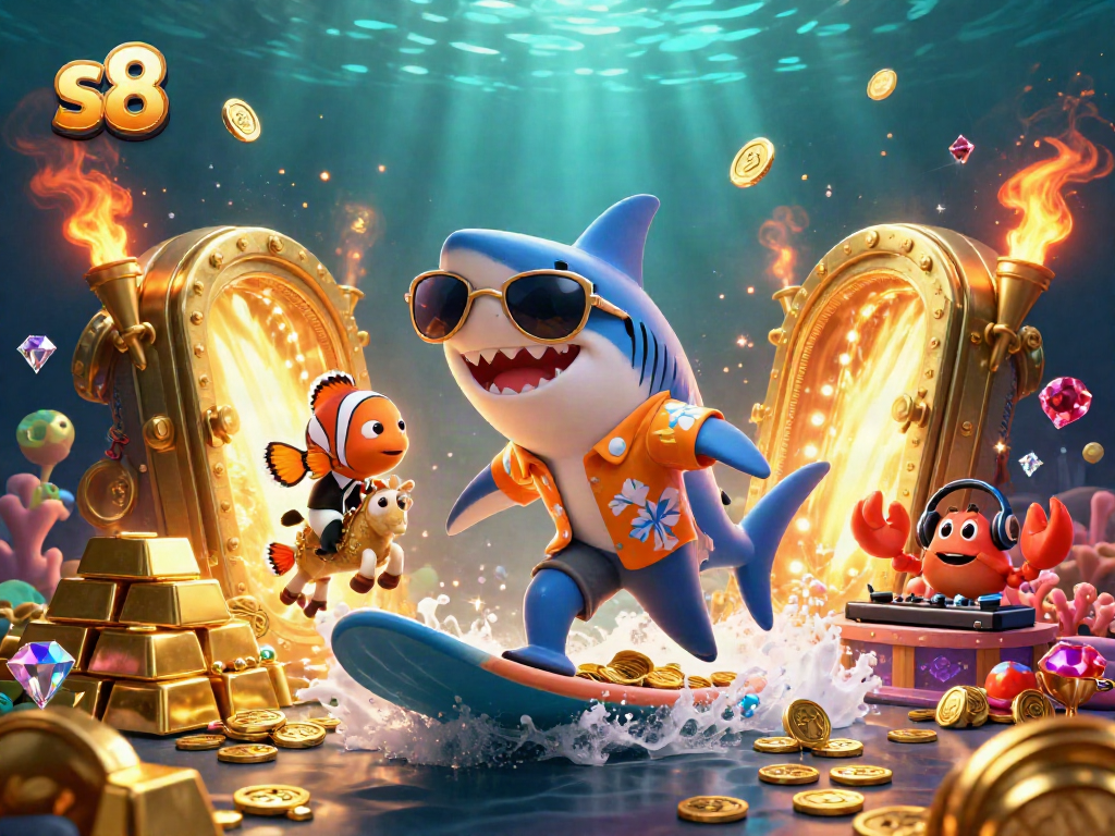 Experience thrilling gameplay with s8 as a shark rides gold coins in a vibrant underwater casino scene.