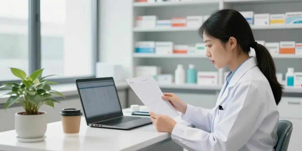 Een apotheker die Oxycodon koopt zonder recept controleert in een moderne apotheekomgeving.