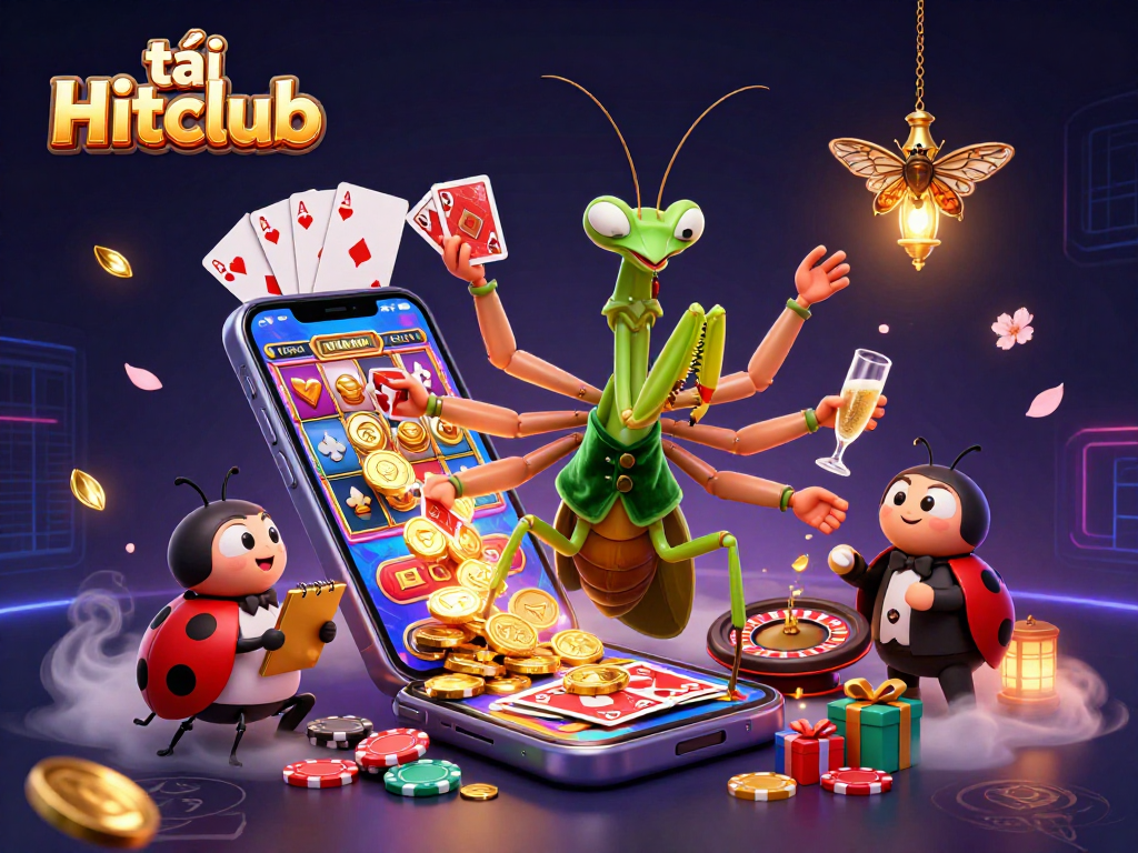 Experience the thrill of tải Hitclub with a vibrant illustration of a mantis card sharp and ladybug pit boss amid dynamic casino elements.