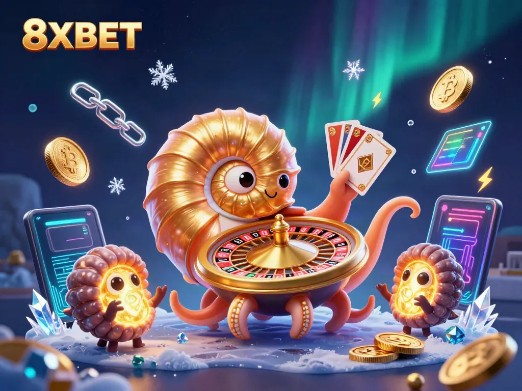 Experience the excitement of 8XBET with dynamic casino elements in a detailed 3D illustration.