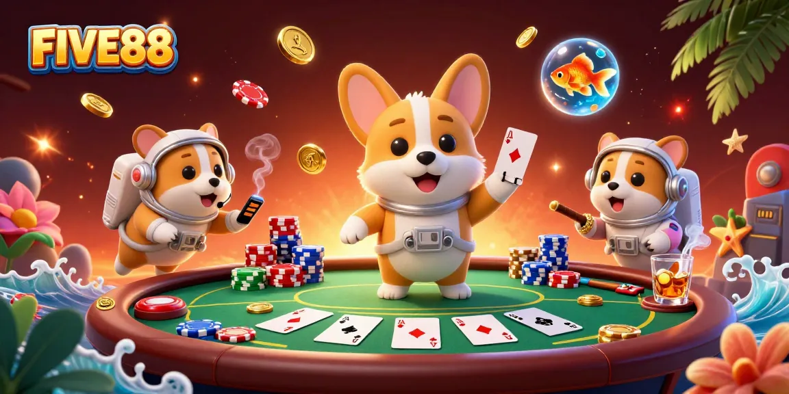 Engage with the vibrant scene of the FIVE88 casino, featuring a floating astronaut corgi, poker elements, and dynamic atmosphere.