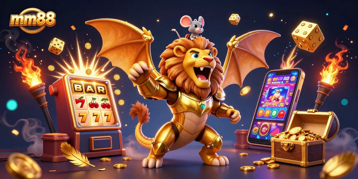Win big with mm88 in this vibrant 3D casino scene filled with dazzling jackpots and game elements.