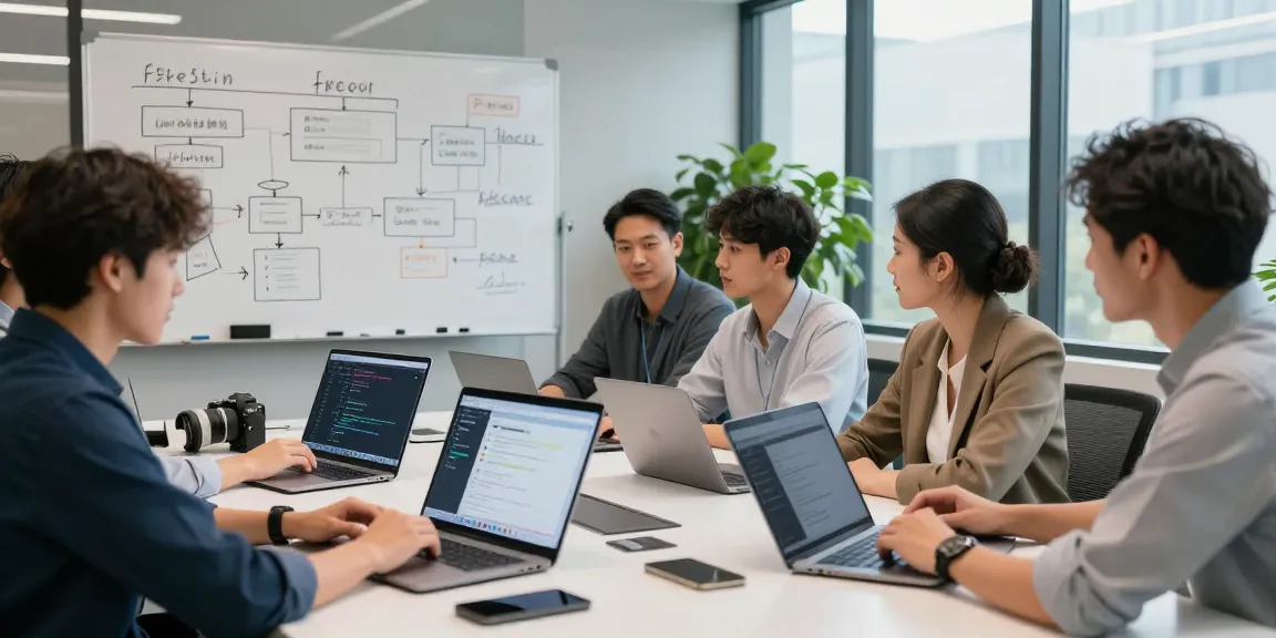 Team collaborating to build internal tools with AI in a modern office setting.
