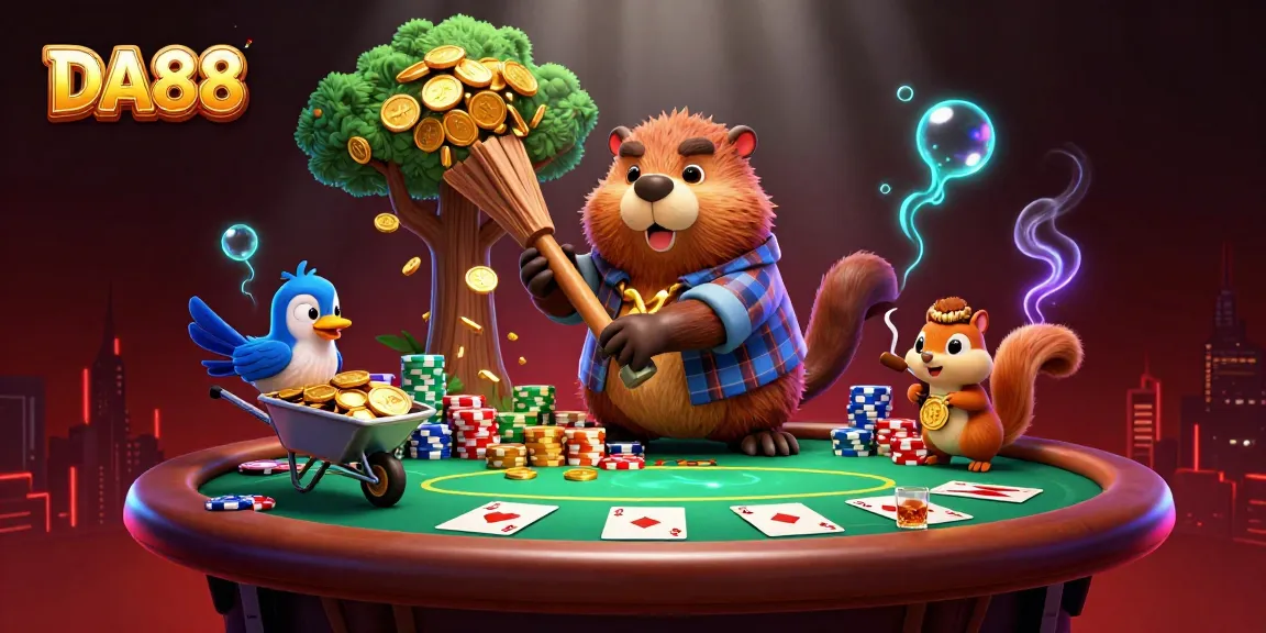 DA88 features a playful scene with a beaver and friends amidst a lively poker game.