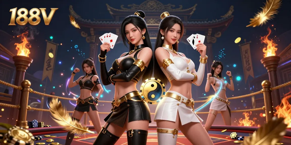 Experience thrill and excitement with the stunning twin Asian women showcasing 188V's exhilarating casino atmosphere.