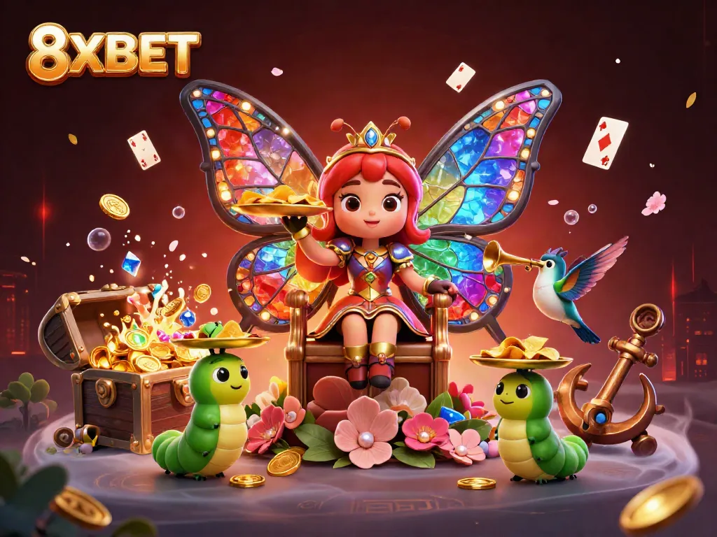 8XBET features a butterfly queen in a vibrant casino scene filled with treasures and gaming elements.