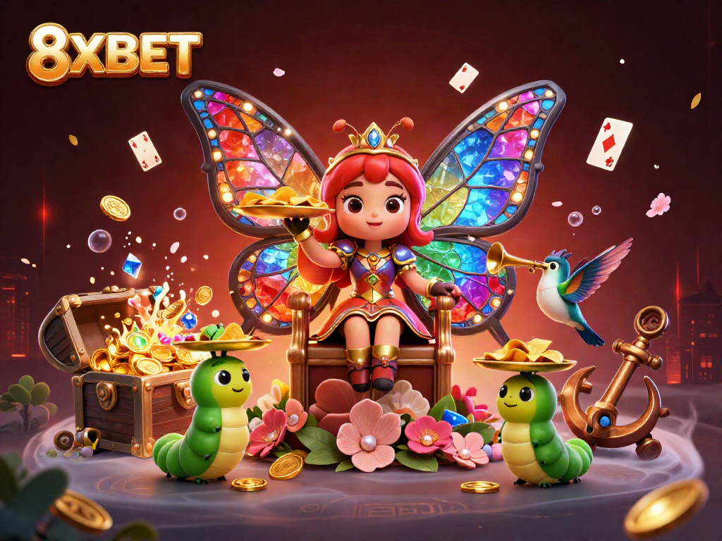 8XBET features a butterfly queen in a vibrant casino scene filled with treasures and gaming elements.