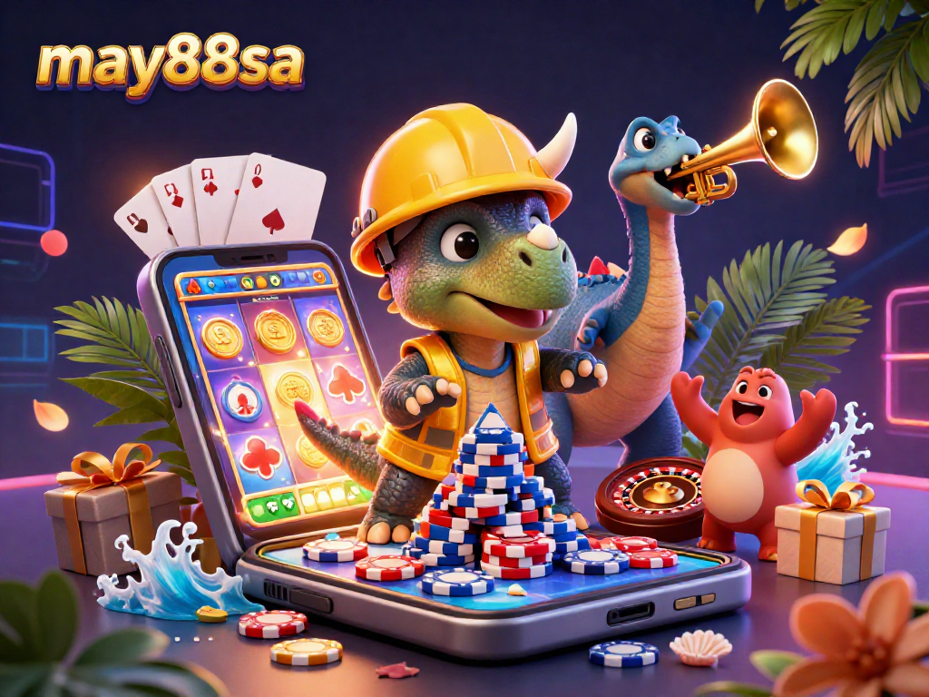 Celebrate winning moments with may88sa in this vibrant 3D casino scene filled with lively characters and dynamic gaming elements.
