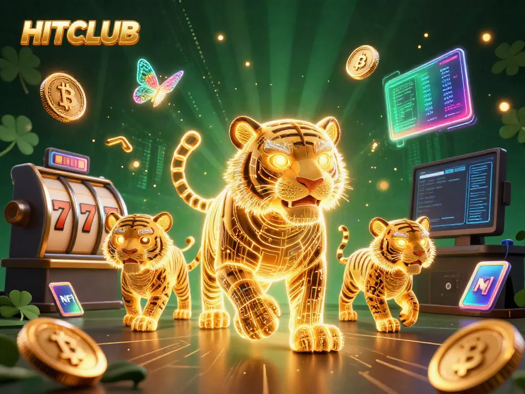 Experience HITCLUB's vibrant casino world with a golden tiger and neon elements.