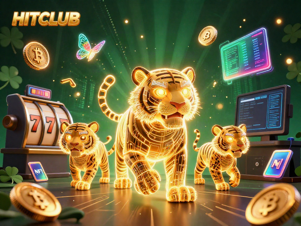 Experience HITCLUB's vibrant casino world with a golden tiger and neon elements.
