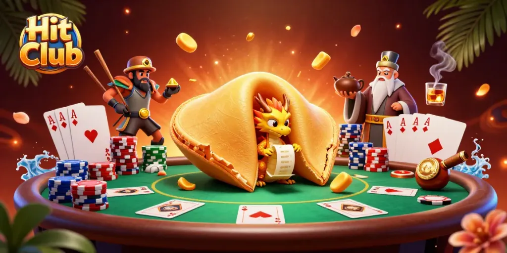 Engage in thrilling action at Hit Club with a vibrant casino scene showcasing fortune cookie and poker elements.