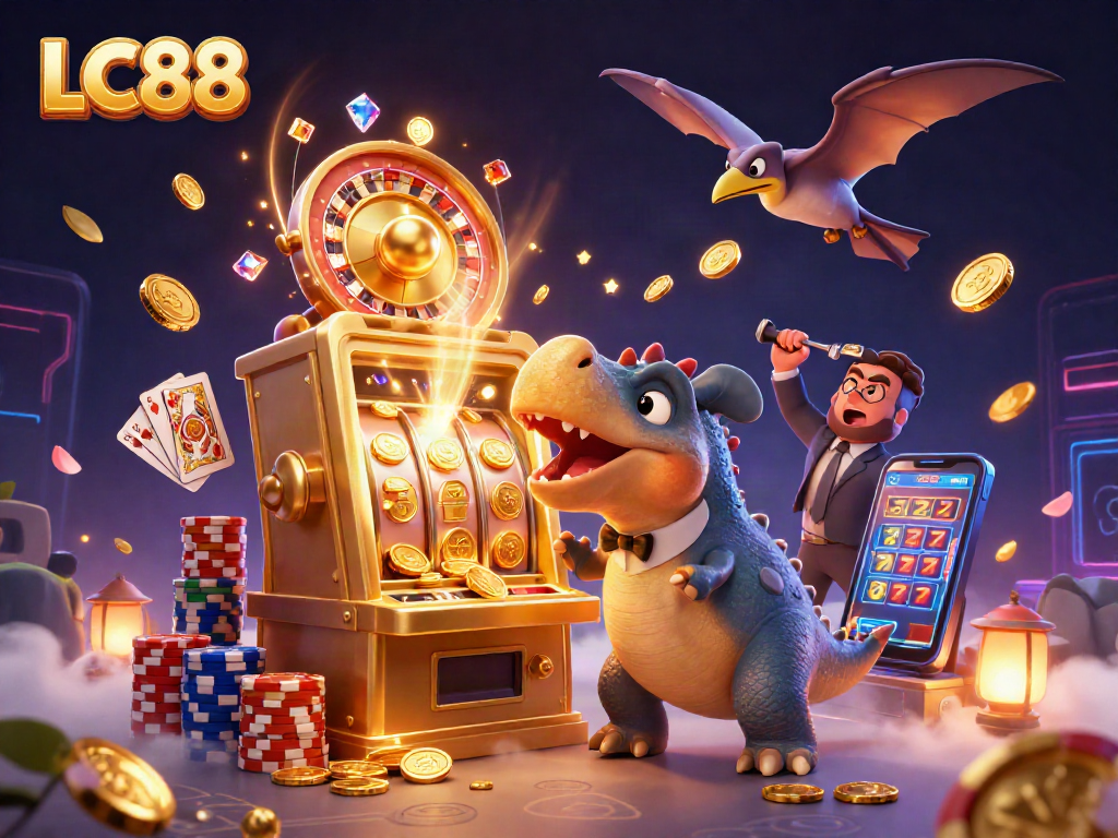LC88 jackpot scene with a dinosaur headbutting a slot machine amidst golden coins and vibrant lights.