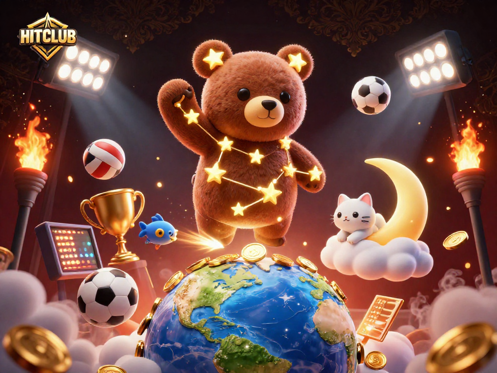 HITCLUB offers an exciting gaming experience with lucky stars and sports elements in a vibrant illustration.