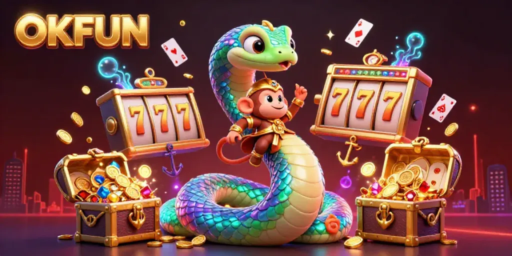 Engage with the vibrant OKFUN gaming universe featuring a colorful rainbow serpent and dynamic slot elements.