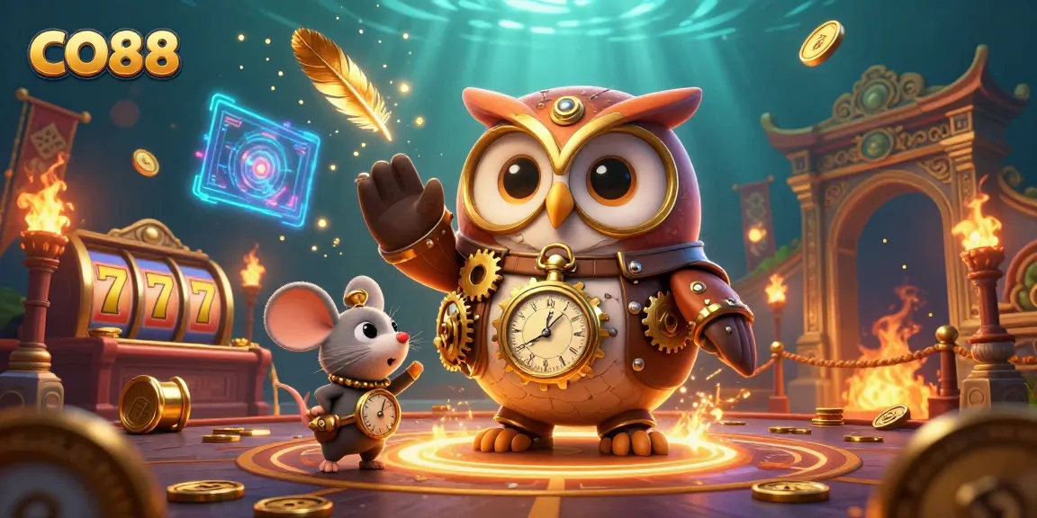 Experience thrilling gameplay at CO88 with a vibrant 3D traveler owl and steampunk elements.