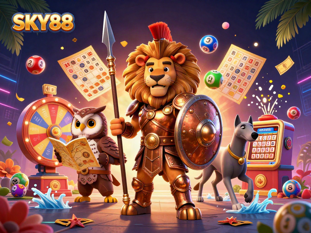 Experience the thrill of gaming with SKY88 amidst vibrant lottery elements and charismatic characters.