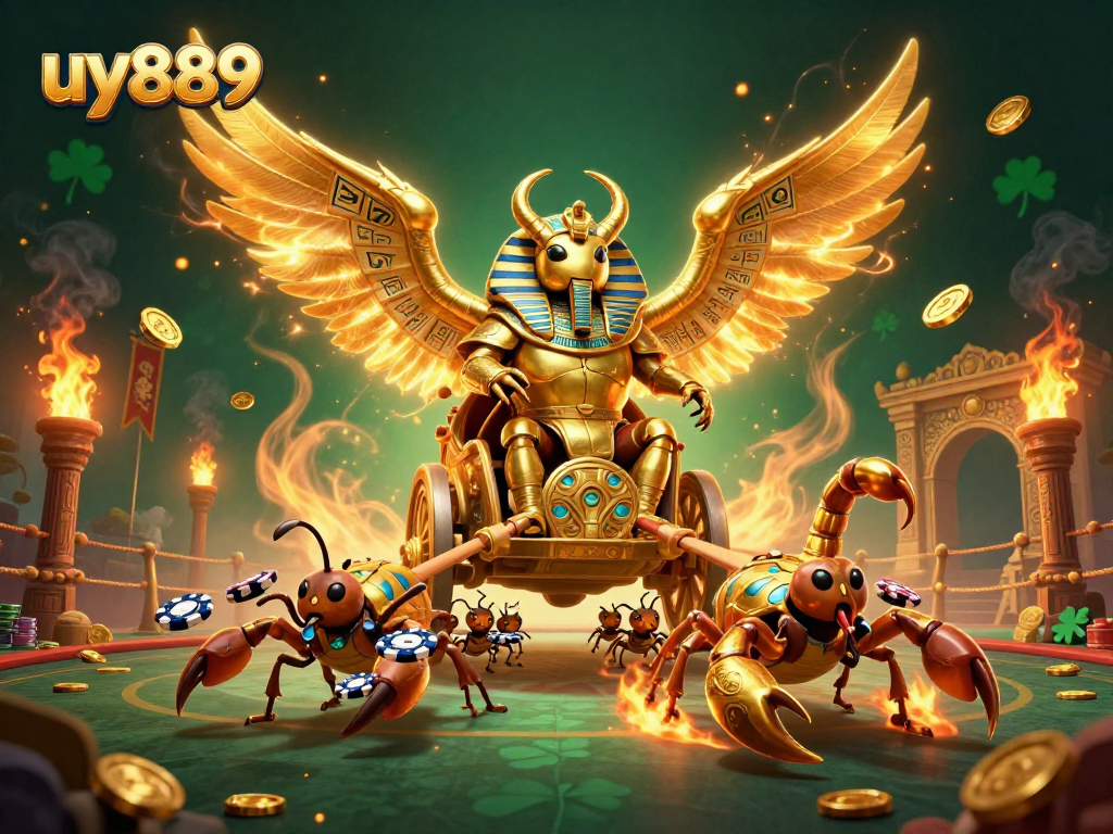 Join the excitement at uy889 with a vibrant 3D casino scene showcasing a golden beetle and scorpions!