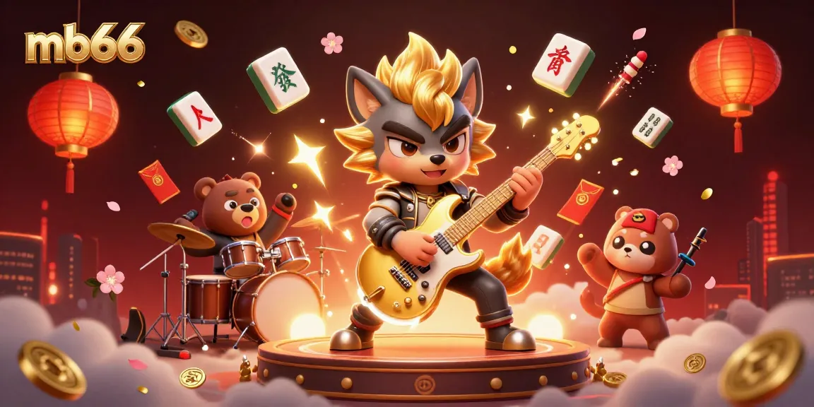 Experience the thrill at mb66 with a vibrant casino scene featuring a rock star wolf and drummer bear.